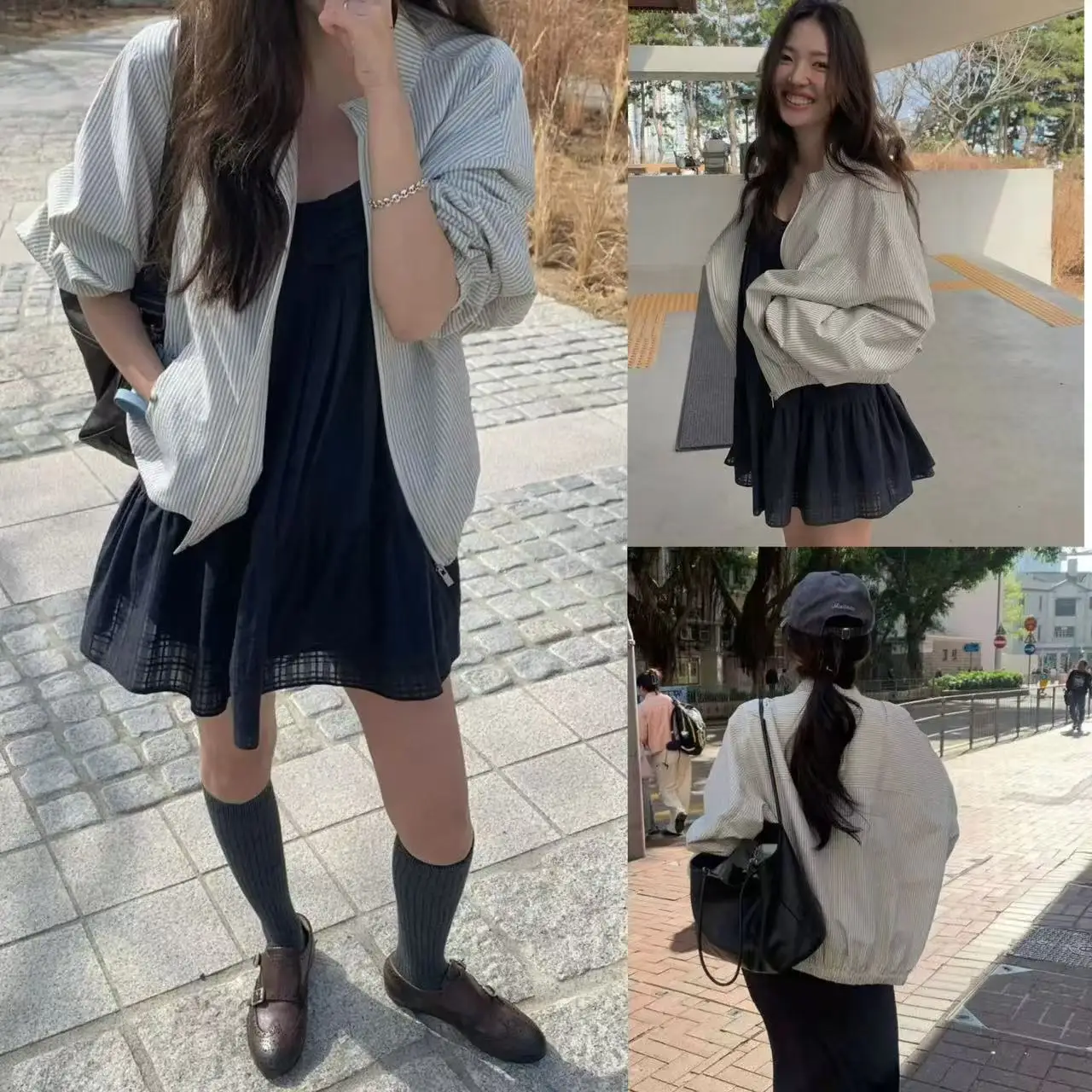 

Tannat Spring Summer Thin Outerwear Stand Collar Pleated Texture Stripe Zipper Jacket Korean Style Loose Fit Long Sleeve