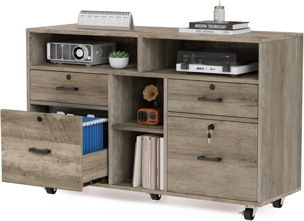 Шкаф для документов с 4 ящиками и замком, деревянный боковой шкаф для документов с открытыми полками, запираемые шкафы для документов для домашнего офиса