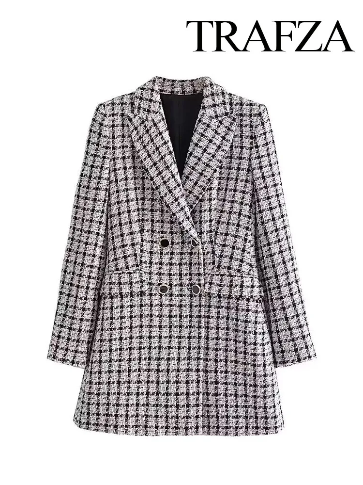 TRAFZA Woman Autumn New Fashion Plaid Lapel Outerwear Suit Women Vintage Double Breasted Long Sleeve Flap Pockets Blazer Coat