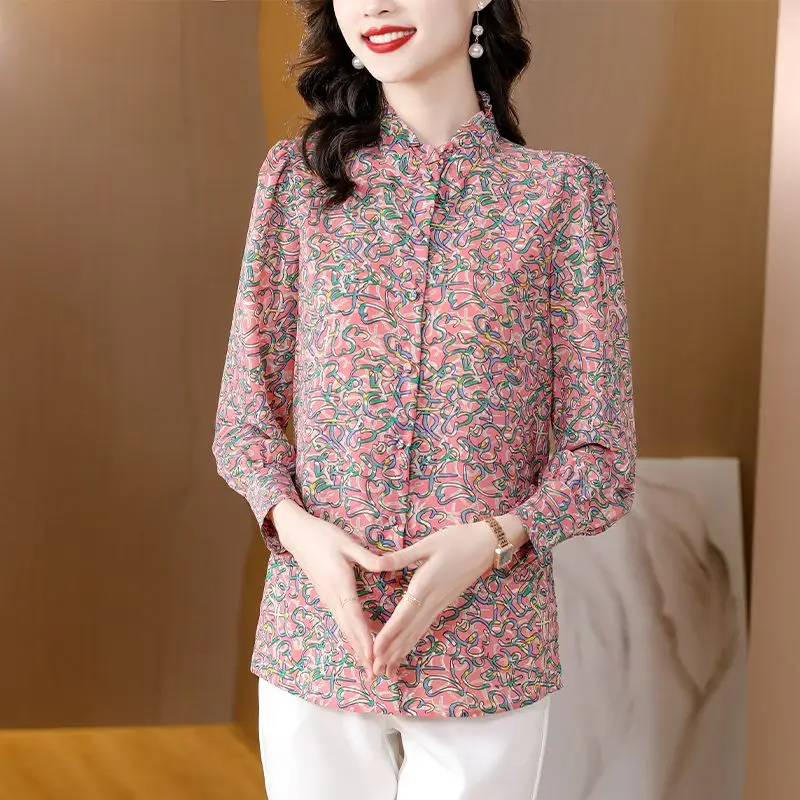 Fashion Elegant Printing Single-breasted Blouse Women New Classic Long Sleeve Office Stand Collar Korean All-match Shirt