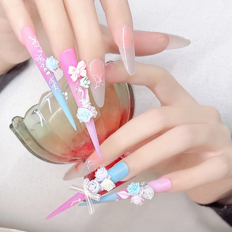 

14 Piece（4 long+10 short） Handmade Pastel Floral Littini Nail Set Shiny Sweet for Occasions (Better Than) Popular Kits