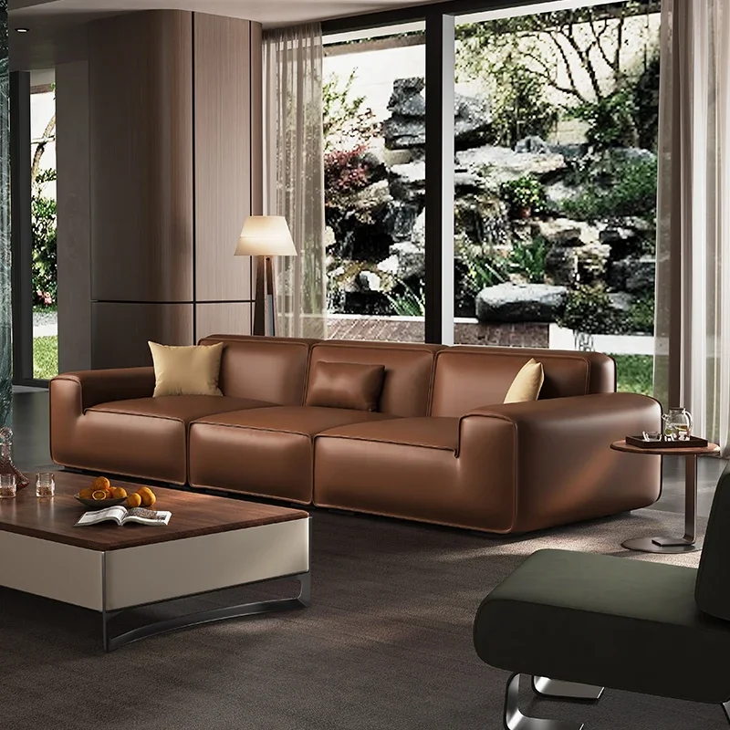 

FG52Italian minimalist large black cow sofa living room straight row first layer cowhide tofu block three-person down sofa