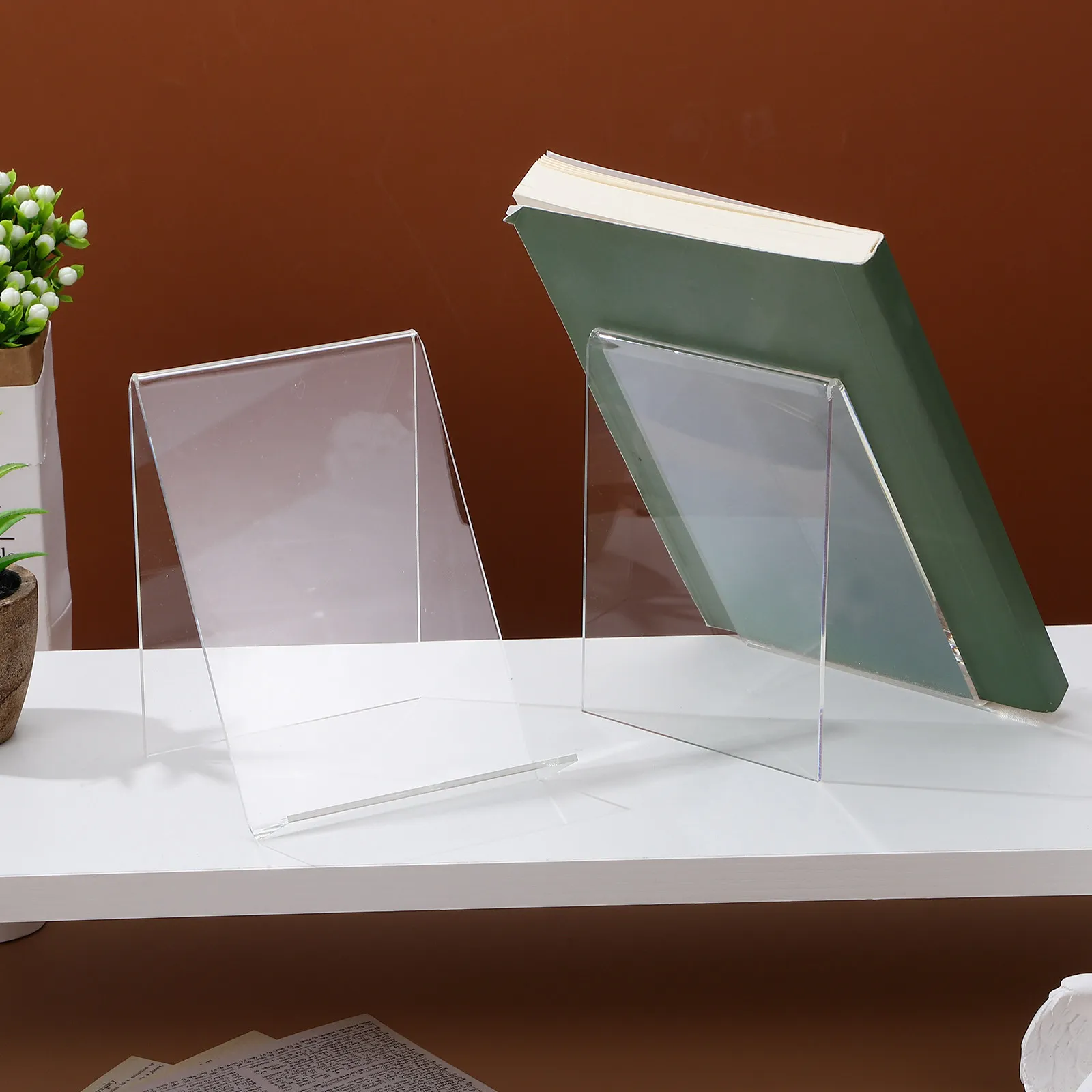 6Pcs Acrylic Book Display Stand Sturdy Triangle Base Clear Book Holder for Magazines Brochures Documents Photos Cds Office Home