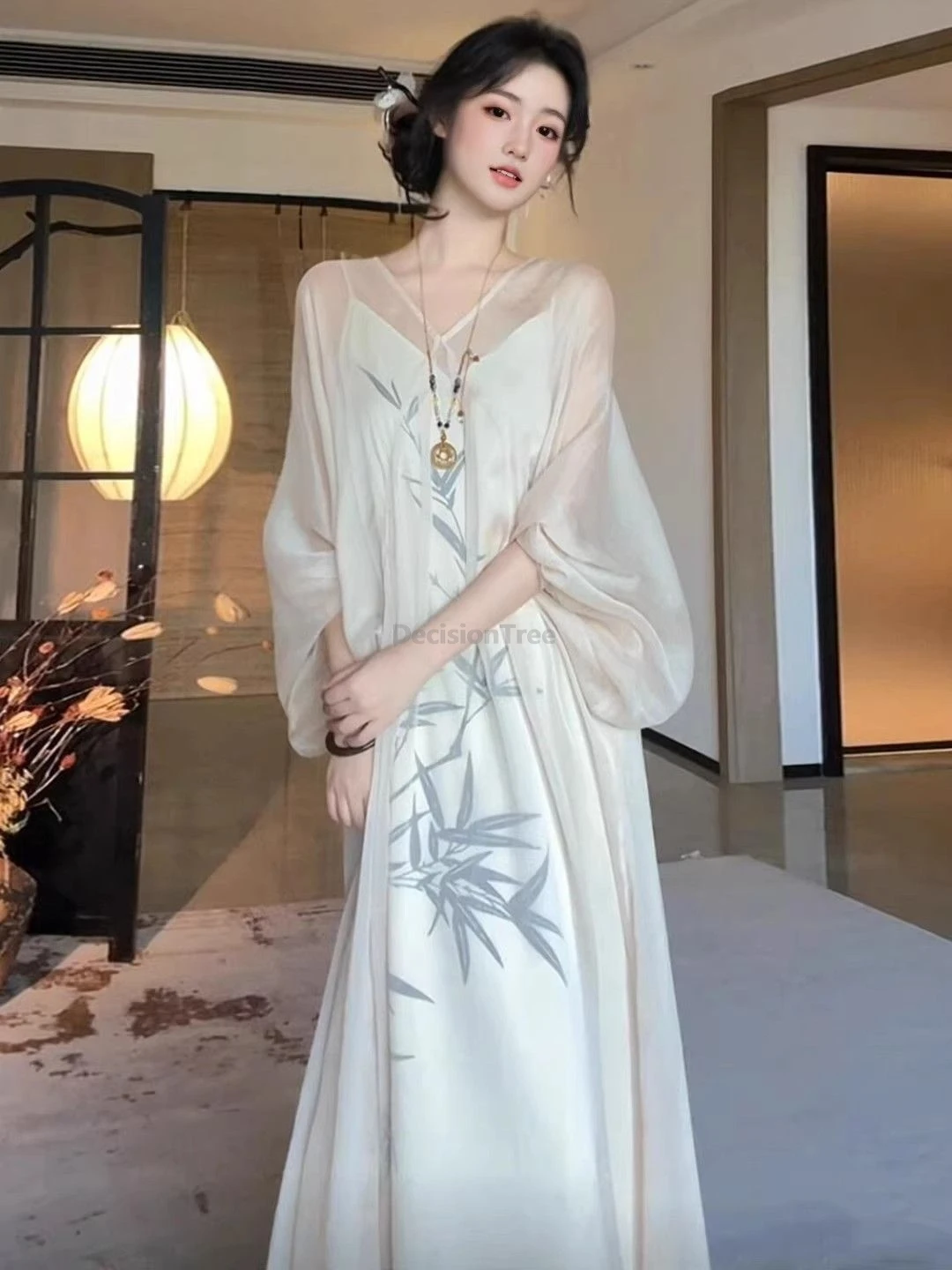 New Chinese-style Zen-inspired gentle temperament V-neck camisole robe Spring Summer women loose A-line long hanfu dress