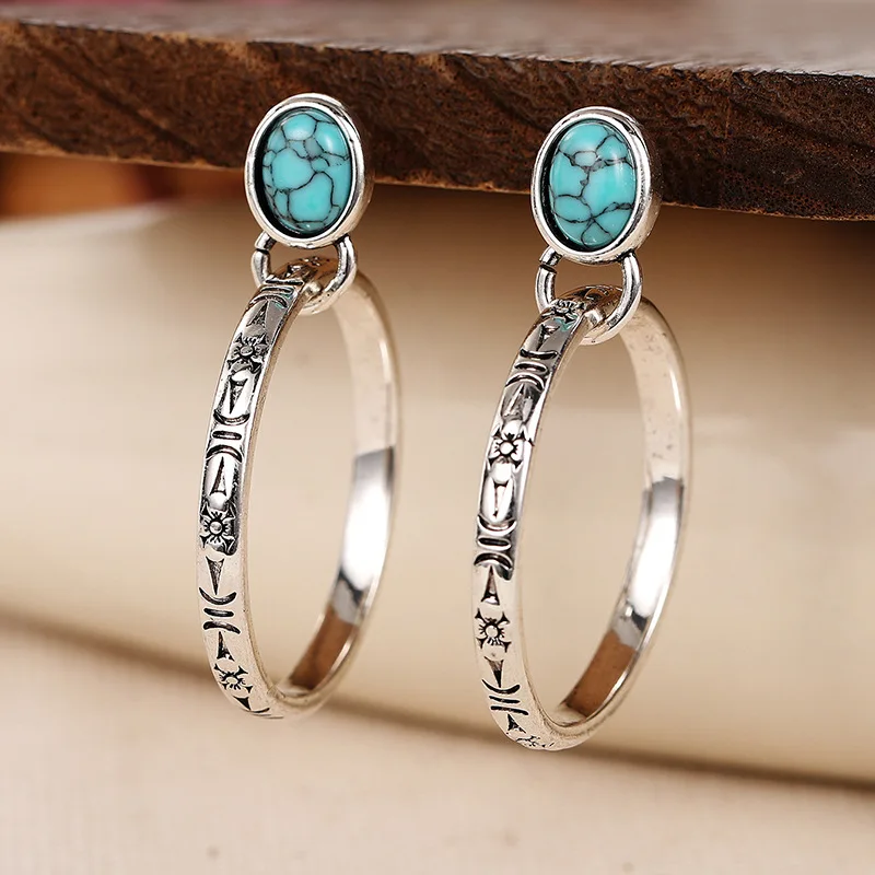 New Round Carved Oval Turquoise Earrings with Elegant and Personalized Bohemian Style Retro Accessories From Europe and America