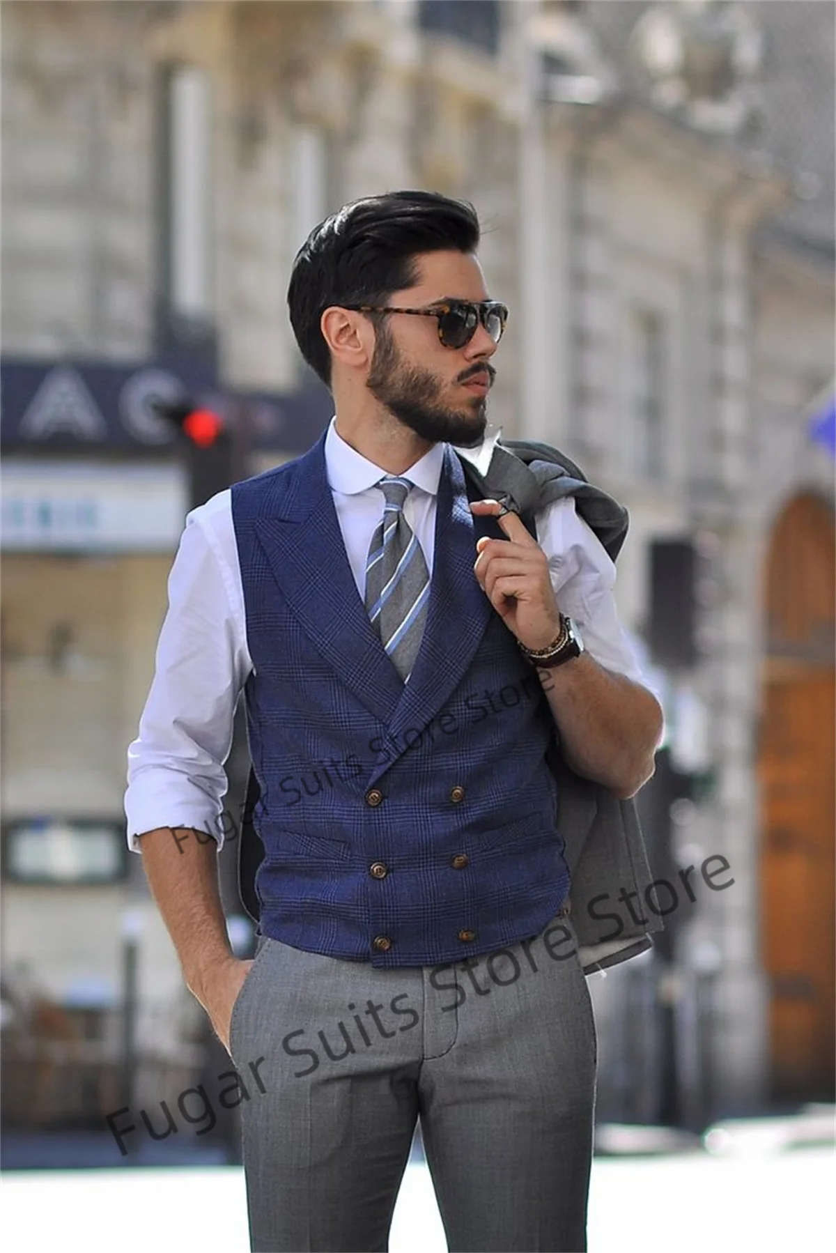 Gray Linen Men Suits Formal Wedding Groom Tuxedos Slim Fit Custom Prom Party 3 Pieces Sets(Jacket+Plaid Vest+Pants)Costume Homme