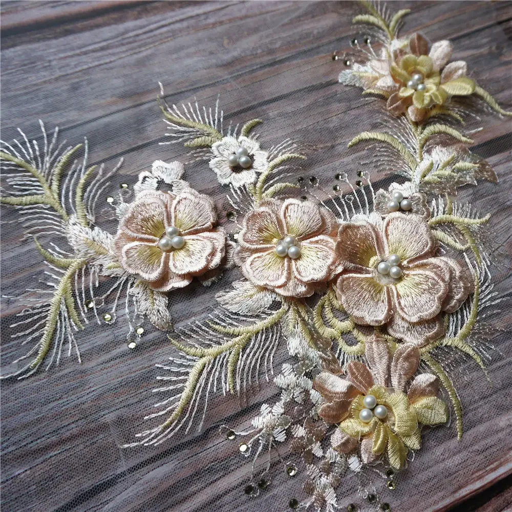 Yellow 3D Flower Lace Fabric Beads Rhinestone Tassel Embroidered Gown Appliques Collar Sew Patch For Wedding Decoration DIY