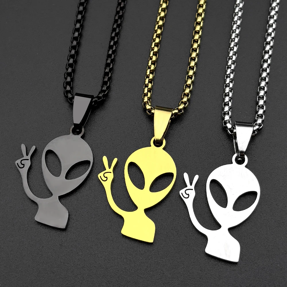 Lustige Alien-Anhänger-Halskette für Damen und Herren, Edelstahl, silberfarben, Goth-Streetwear, Rapper-Schmuck, Ketten-Accessoire – Detail 4