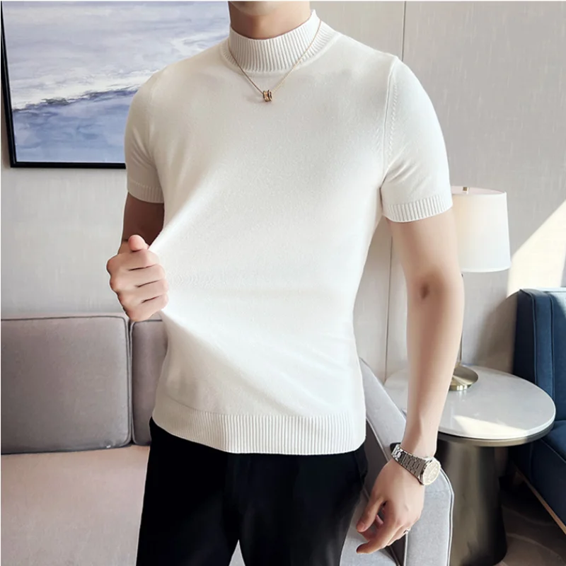 7 Colors Half High Collar Men Sweater 2022 Autumn New Short Sleeve Solid Color Sweater T Shirt Slim Fit Knitted Pullover Homme