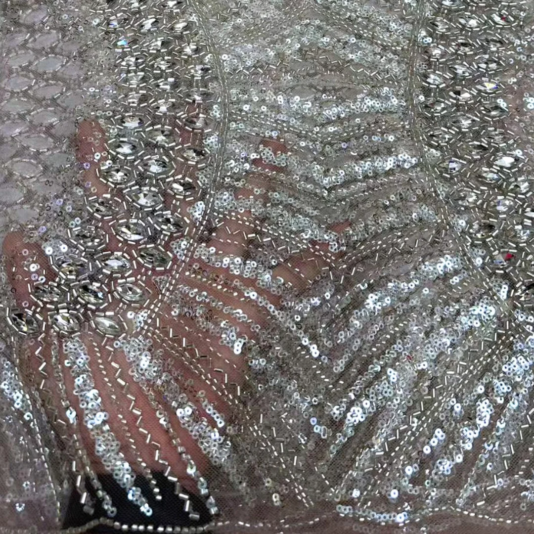 

Large Sequin Beaded Lace Fabric High Quality Striped Embroidery Tulle Mesh Material For Wedding Party Evening Dress Sewing