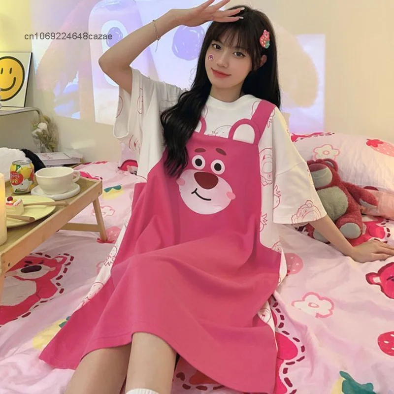 Sanrio Kuromi Cotton Nightgown Summer Women Cartoon Cute Round Neck Short Sleeve Y2k Medium Length Casual Tshirts Home Clothes