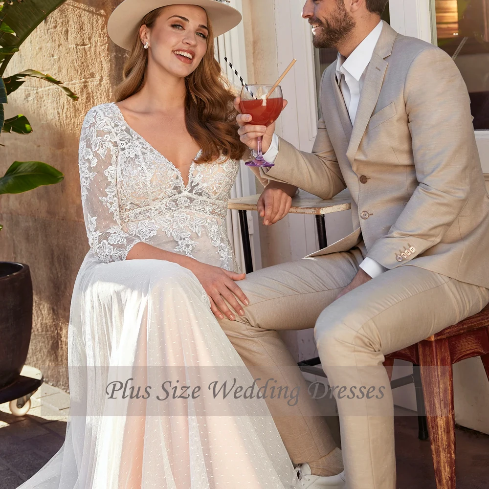 Klassische A-Linie Brautkleider in Übergröße, V-Ausschnitt, 3/4-Ärmel, Brautkleider, Applikationen, Illusion, Sweep-Zug, Tüll, Vestidos de Novia