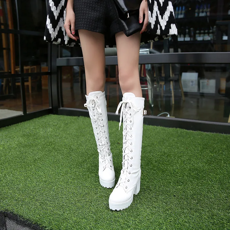 Women Boots High Heels Winter Footwear Round Toe Female Shoes Clogs Platform Lace Up Stiletto Over-the-Knee Leather Rubber 2024