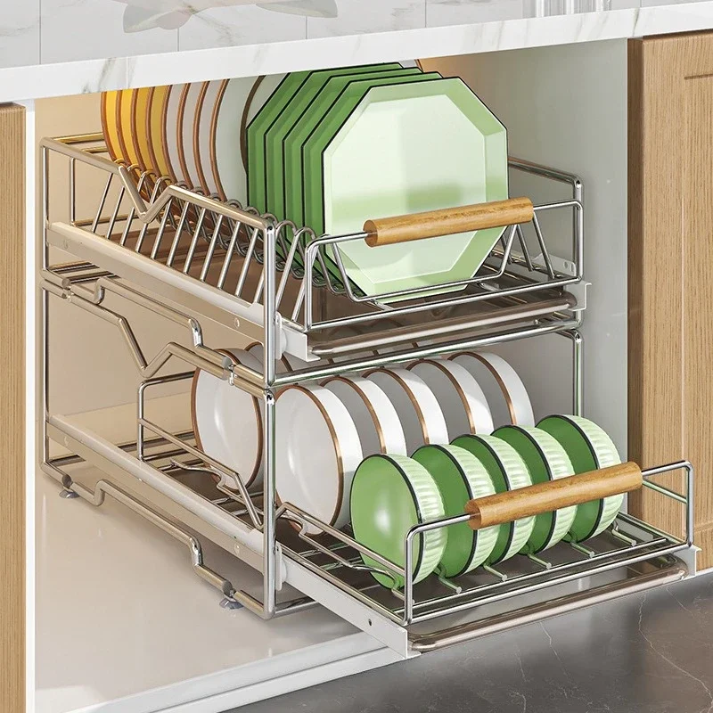 Stainless Steel Pull Out Dish Rack 2 Layers Drawer Organizer for Kitchen Sliding Basket for Bowls Plates Under Sink Spices Shelf