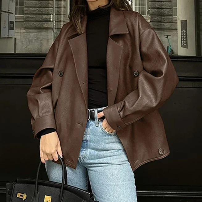 

Fashion Lapel Zipper Pu Leather Jacket for Women Elegant Long Sleeve Solid Loose Coat 2024 Autumn Lady Street Outerwear