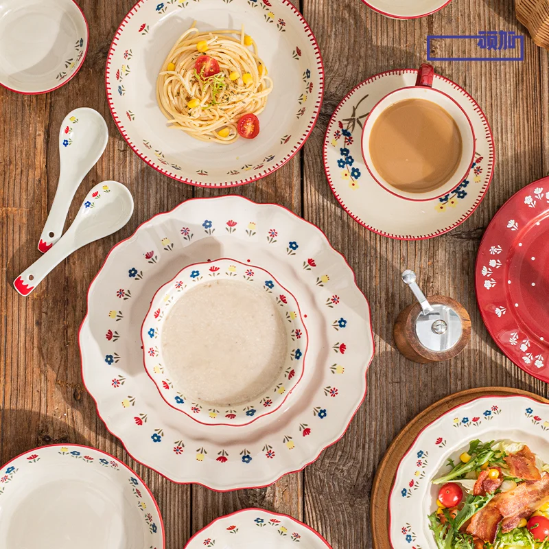 High Quality Vintage Ceramic Dinnerware Ceramic Soup Bowl Salad Pasta Plate Microwave Safe Colorful Ceramic Plates Bowls Set view 6