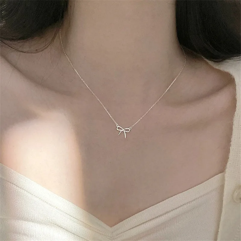 Tour de cou en argent regardé 925 avec nœud papillon pour femme, pendentif simple, colliers de la présidence, cadeau féminin, mode, XN281