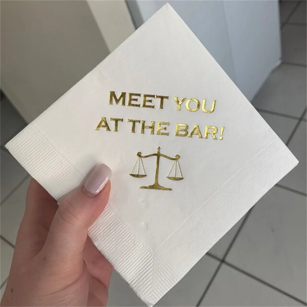 50PCS Law School Lawyer Attorney Graduation Meet You At The Bar Printed Beverage Cocktail Napkins White w/ Metallic Gold Foil