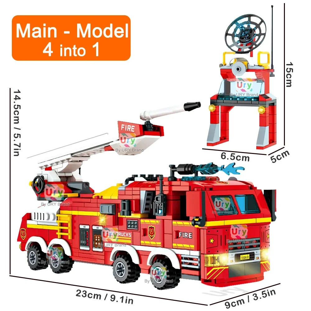 4in1 City Series Fire Ladder Water Truck Rescue Crane Red Van Model Set Firemen Figures Building Blocks Toys for Boys Kids Gift