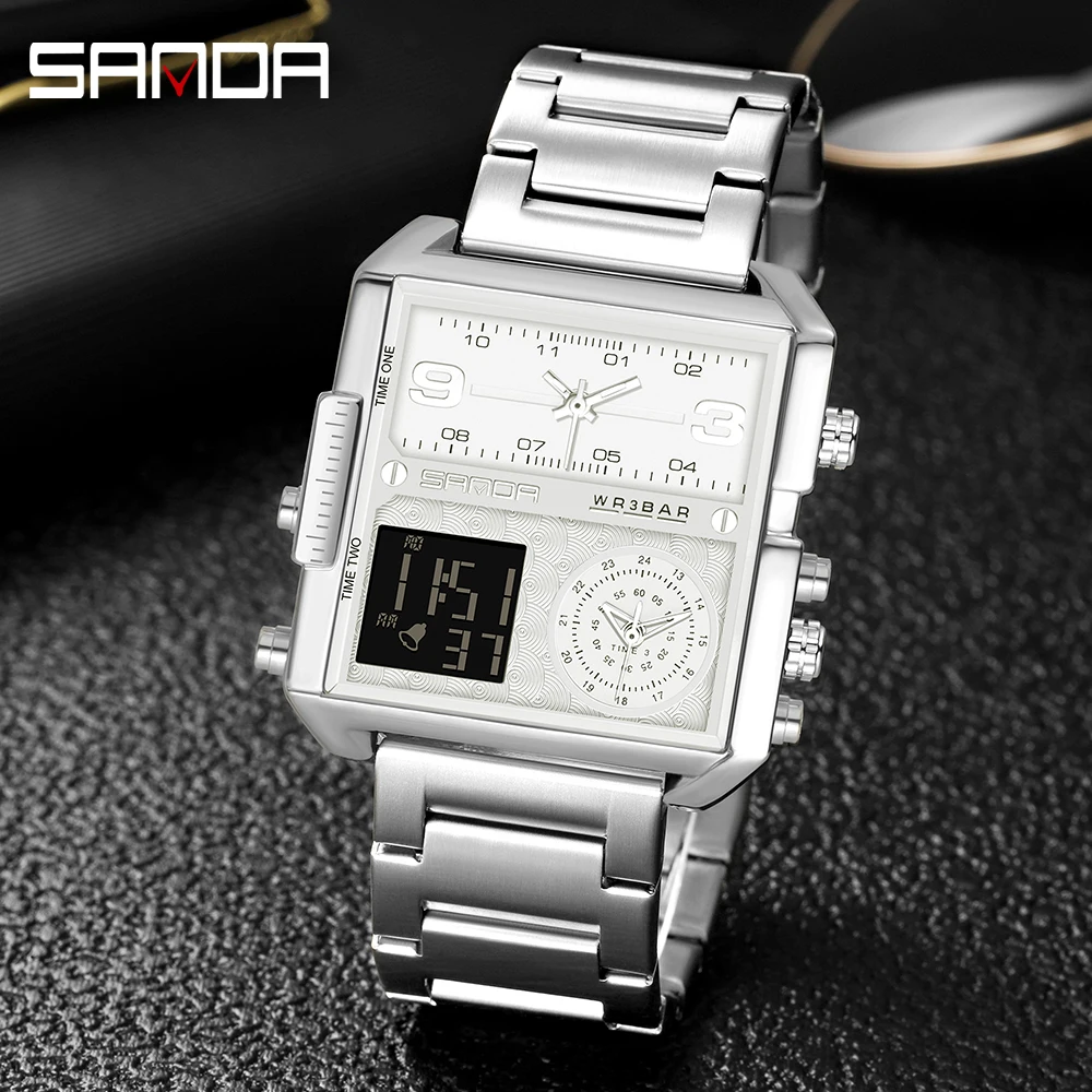 

Fashion Sanda Brand Men's Watches 3 Time Zone Sport Military Steel Quartz Watch Led 30m Waterproof Male Clock Relogio Masculino