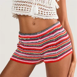 Women Y2k Striped Knitted Shorts Low Waist Color Block Lounge Shorts Strechy Going Out Micro Shorts Loungewear