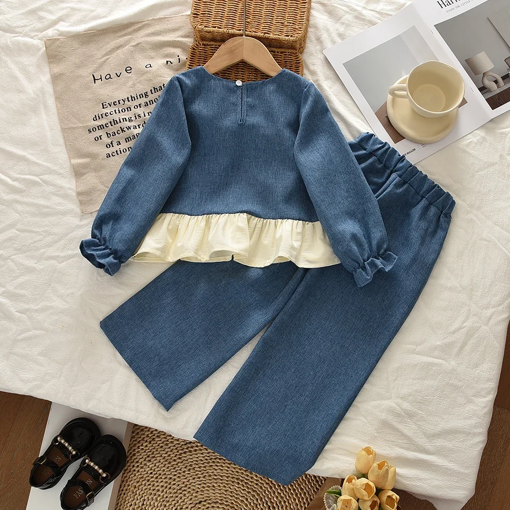 Herbst Neue Mode Süße Farbblockierte Mädchenkleidung Cowboy-Imitation Kinder Zweiteiler Set Langarm-Oberteil mit Schleifendekoration + Hose – Detail 3