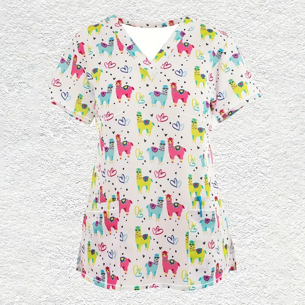 Nurse Uniform Women's Tops V Neck T Shirt Cat Dog Cartoon Printed Tops Uniform Short Sleeve Pockets Medical Female Nurse Uniform