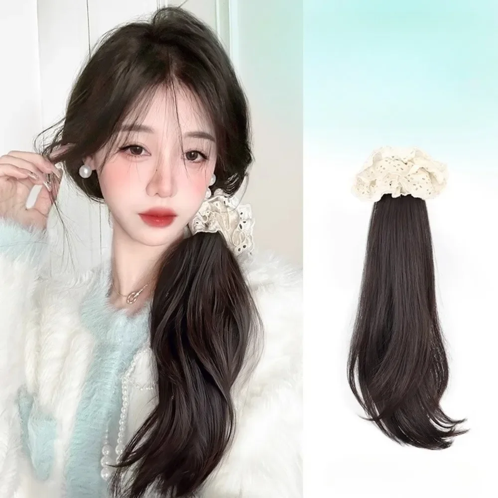 35 センチメートル合成中国風ナチュラルふわふわわずかにカーリーレースフラワー低ポニーテールグラブクリップかつら女性のための髪のボリュームエクステンション