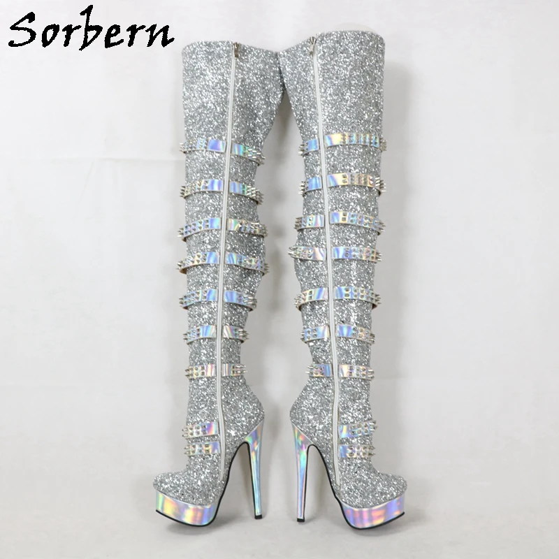 Sorbern Silver Glitter Punk Boots Women Cute Round Toe High Heels Rivets Holo Silver Open Back Thigh High Boot Ladies Custom Leg