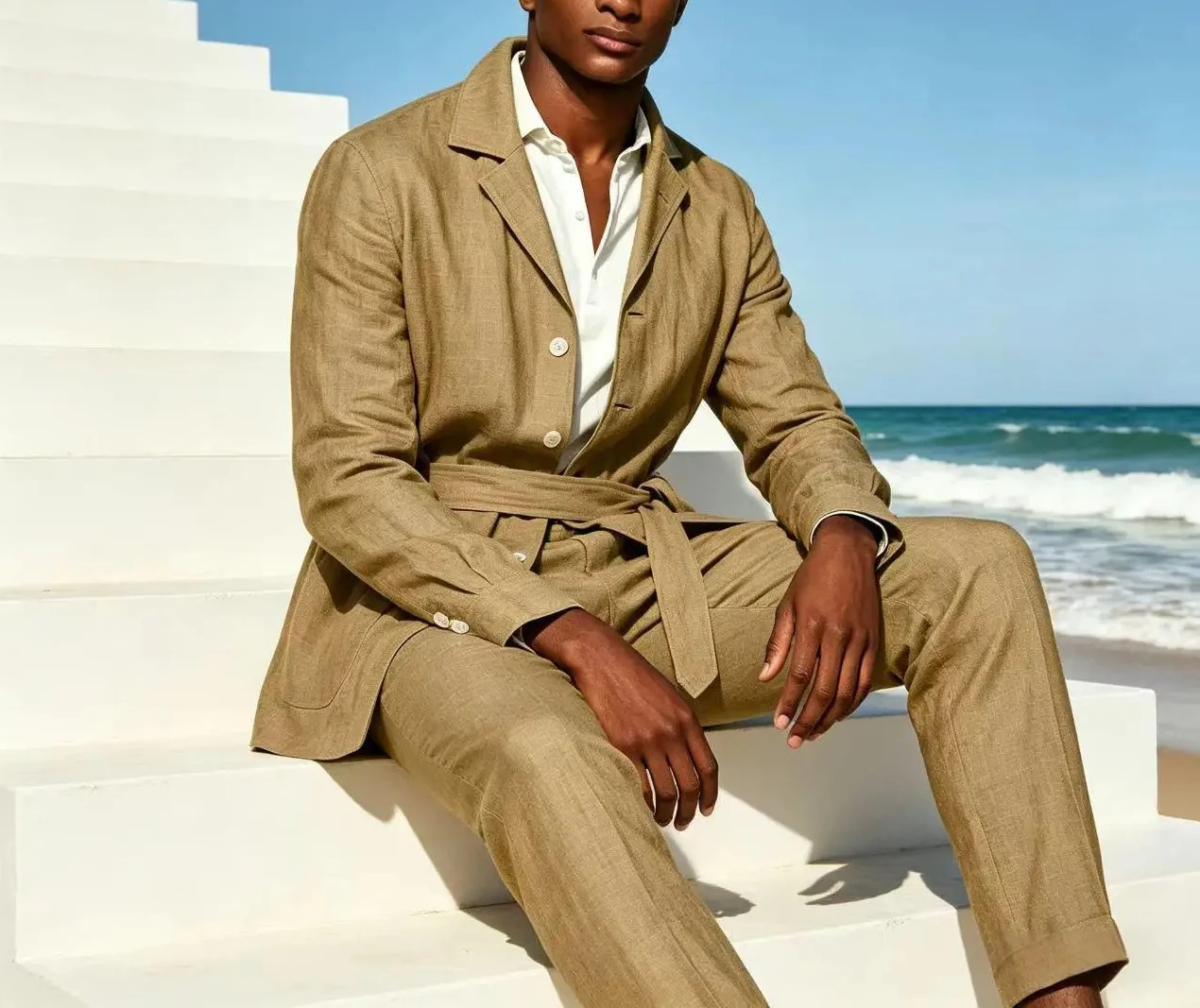 Men's Linen Belted Suit 2 Piece Set Casual Breathable Blazer & Pants Summer Lightweight Business Casual Outfit for Wedding Beach