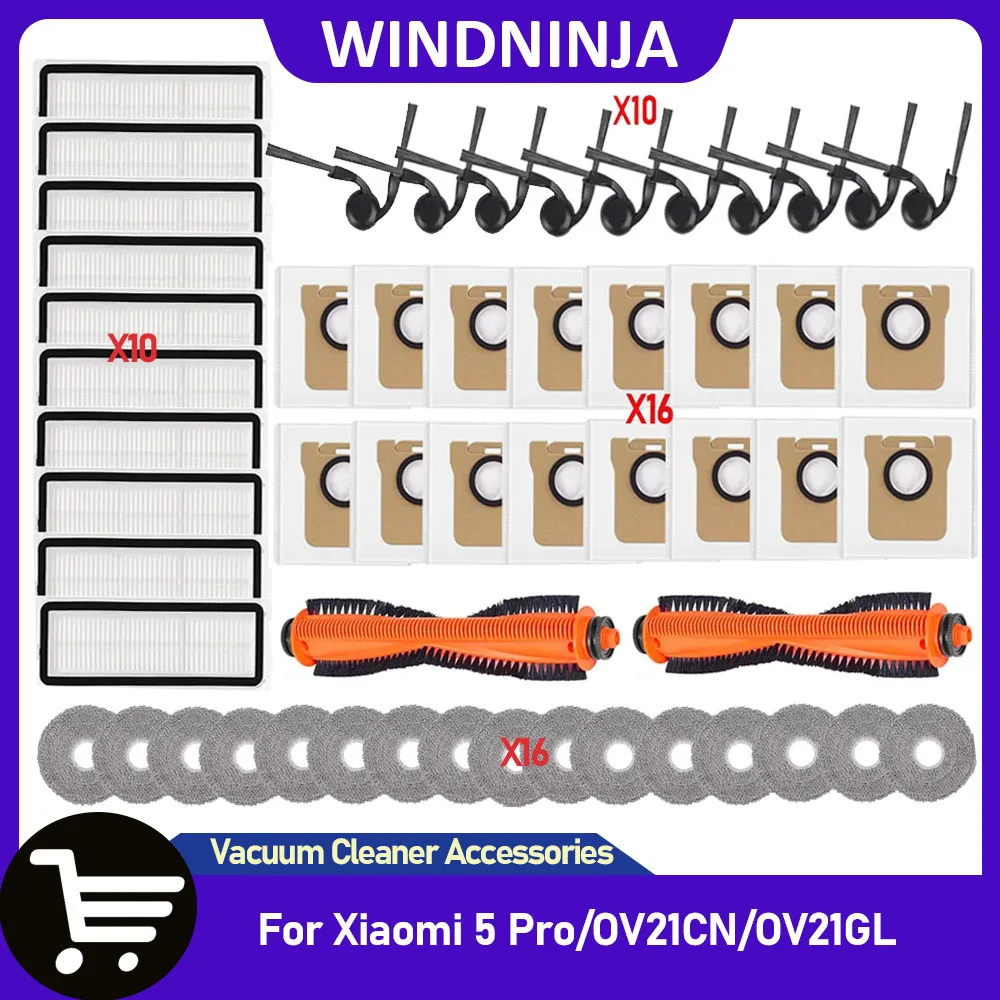 Pièces pour aspirateur robot Xiaomi 5 Pro/OV21CN, lingettes de nettoyage, sacs à poussière, filtre HEPA, brosse latérale, brosse principale, filtres de remplacement