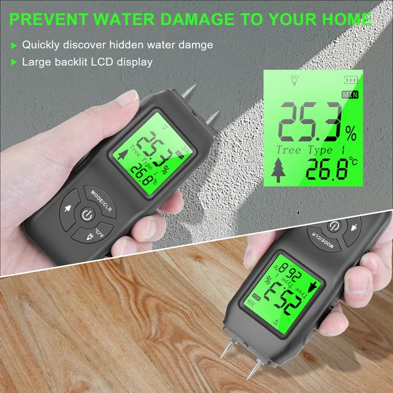 Digital Moisture Meter, Water Leak Detector, Moisture Tester, Pin Type, Backlit LCD Display,Wood Humidity Tester