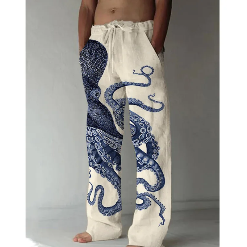 

3D Octopus Printed Wide Leg Pants For Men European And American Casual Hemp Blended Pants Straight Tube High Waist Loose Pants