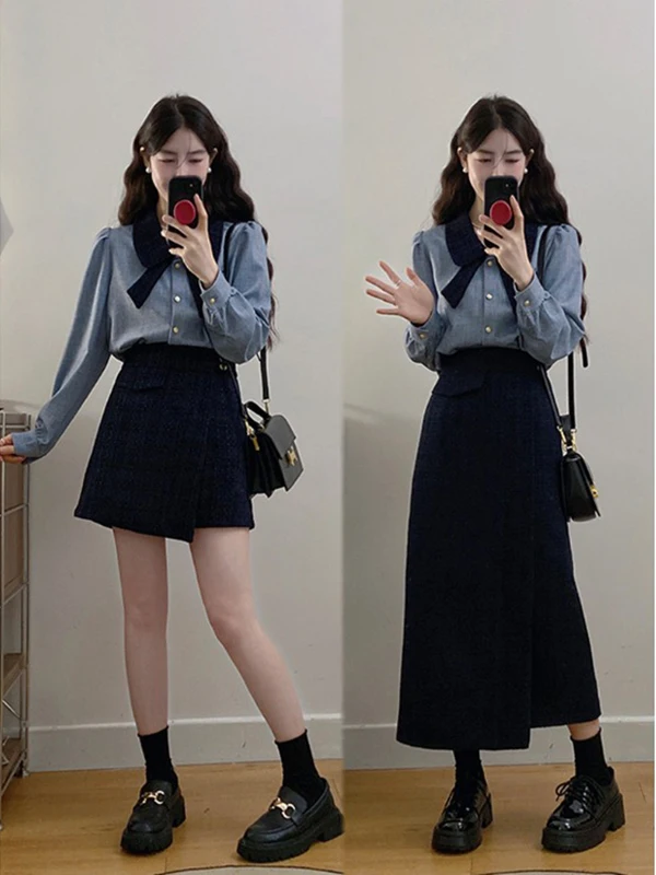 

plus Size Elegant Style Set Autumn Women High Waist Skirt Slimming Meat Covering Two Piece Set Luxury Feel Shirt
