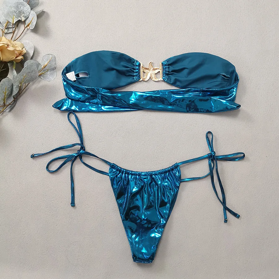 2024 Gem Blue Glossy Bikini Women's Clothing Swimsuit Summer Beach Vacation Outfits Thong Bathing Suit Bandeau Backless Swimwear