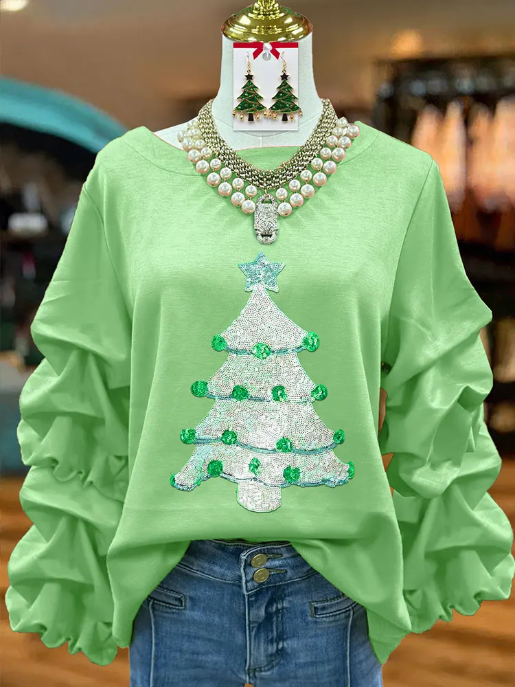 Sweet Christmas Tree Sequined Pleated Top  Women\'s Sweatshirt