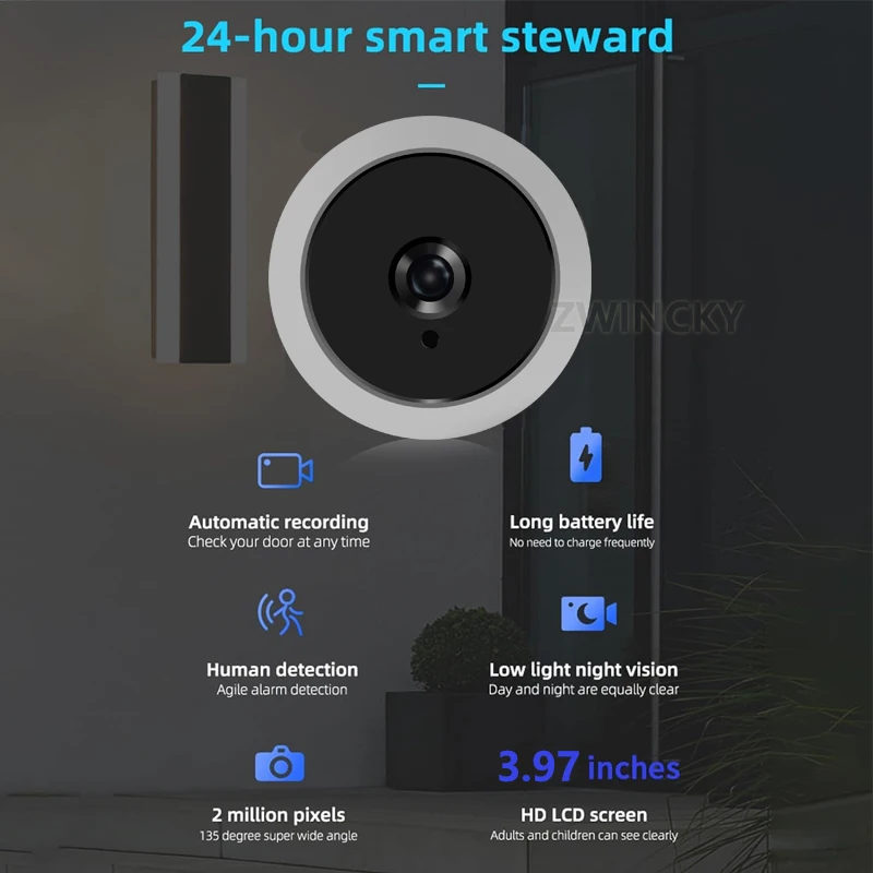 2 million pixels 3.97 Inch IR Smart Digital Peephole Door Viewer Camera Night Vision Mini Digital Door Eye Ring Door Bell Camera