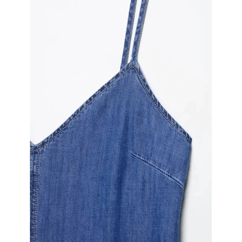 Elegant Casual Retro Ladies Sling Dress Pure Blue V-Neck Backless Long Design Spring Summer Fashion Beach Holiday Wear