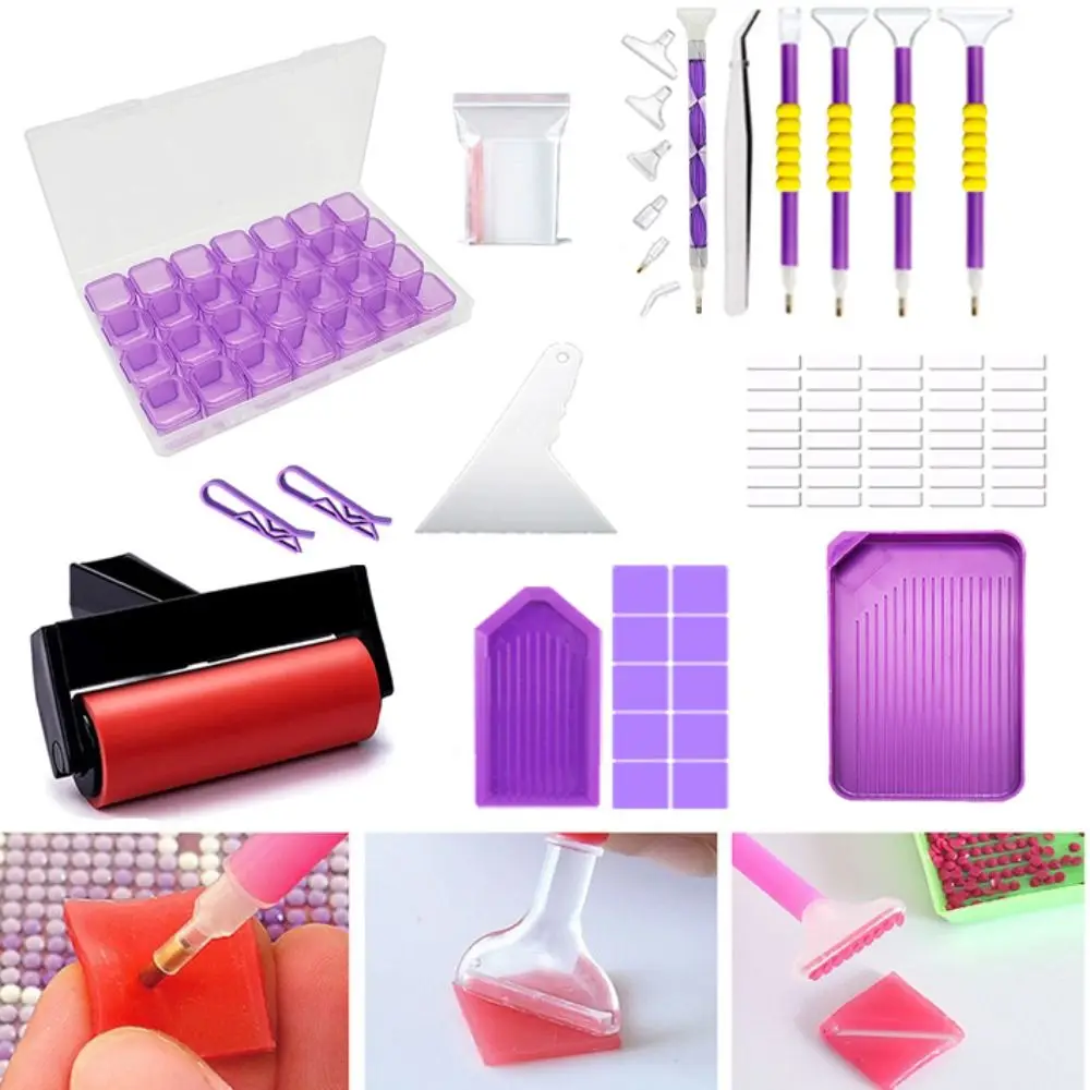 5D DIY Diamond Painting Tools Set Craft Roller Pen Diamond Embroidery Tray Kits Art Tool Purple Drill Plate Tool Set Bedroom