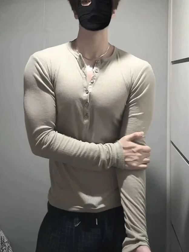 Elastic Slim Fit Long Sleeve T-Shirt Men's Half Button Henry Collar Lightweight Breathable Base Shirt Muscular Appearance