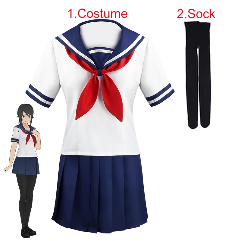 

Halloween Party Girl's Navy Blue Sailor Skirt Pantyhose Loli Black Leather Shoes Yandere Simulator Ayano Aishi Cosplay Costume