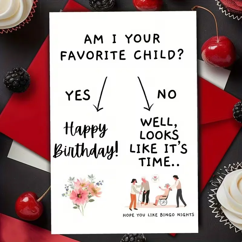 Lustige Geburtstagskarte für Eltern: „Bin ich dein Lieblingskind?“ Humorvolle Bingo-Nacht-Scherzkarte für Mama oder Papa mit sarkastischem Liebesausdruck – Detail 2