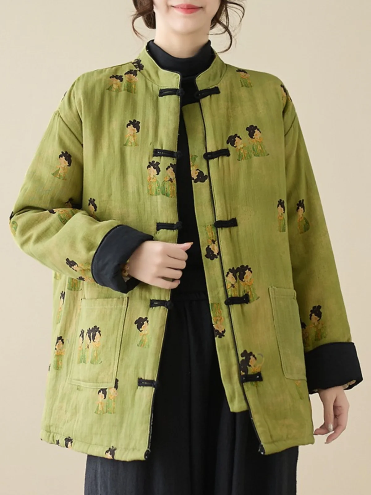 

Retro Chinese Sle Cotton Jaet Women's Winter Loose Stand Collar Interlined Thiened Warm Coat with Button Print Design