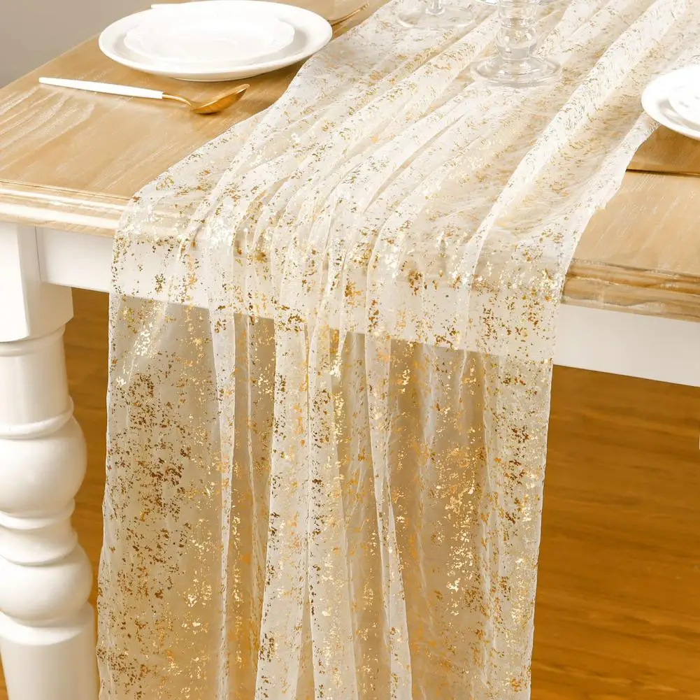 Chemin De Table Géométrique Doré - 275x28cm - Polyester Brillant - Décoration Mariage, Anniversaire, Fêtes