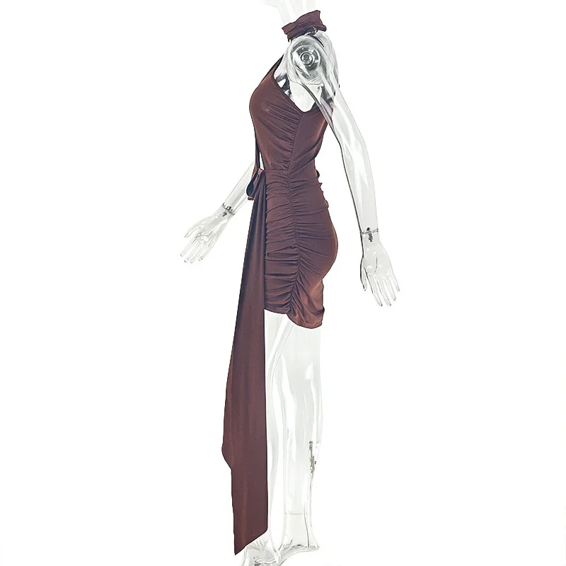 Damen Neckholder One-Shoulder Mini-Kleid mit Cut-Outs, figurbetontes Kleid mit langem Gürtel, gerafftes Wickelkleid, kurzes Party- und Nachtclub-Kleid, Großhandel – Detail 9