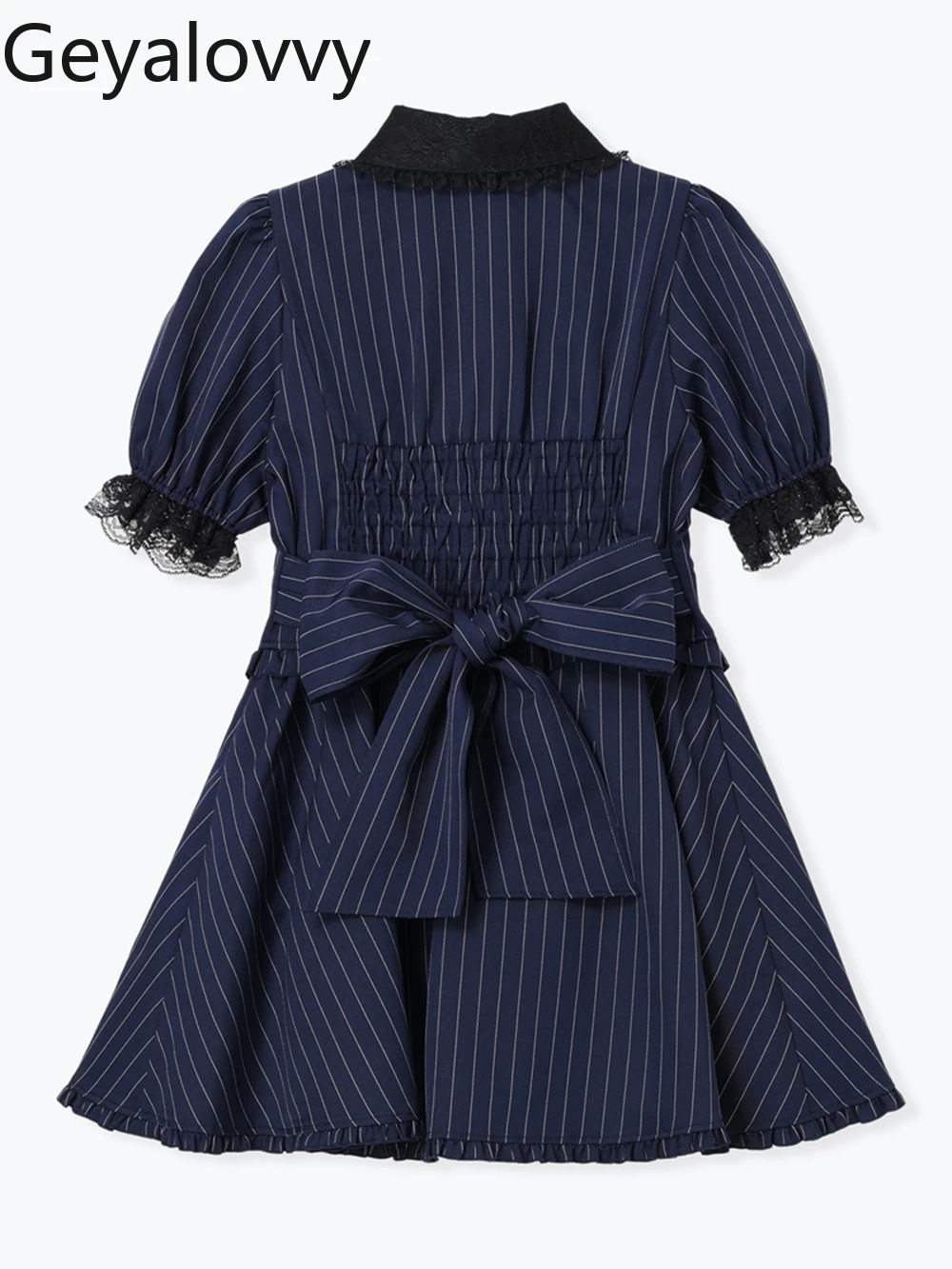Japanese Gothic Retro Bow Lace Trim Ruffle Short Sleeve Dress Palace Style Striped Dresses and Base Short Skirt Two-Piece Set
