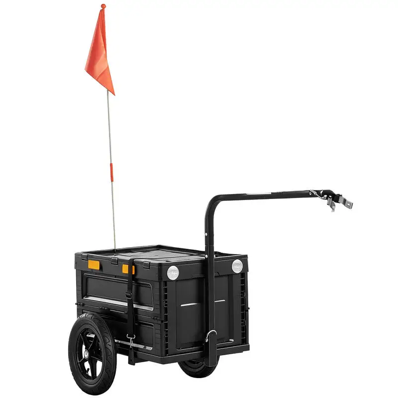 Remorque Vélo Cargo Pliable avec Caisse en Plastique 65L et Couvercle à Dégagement Rapide 145x51.5x72cm Noir