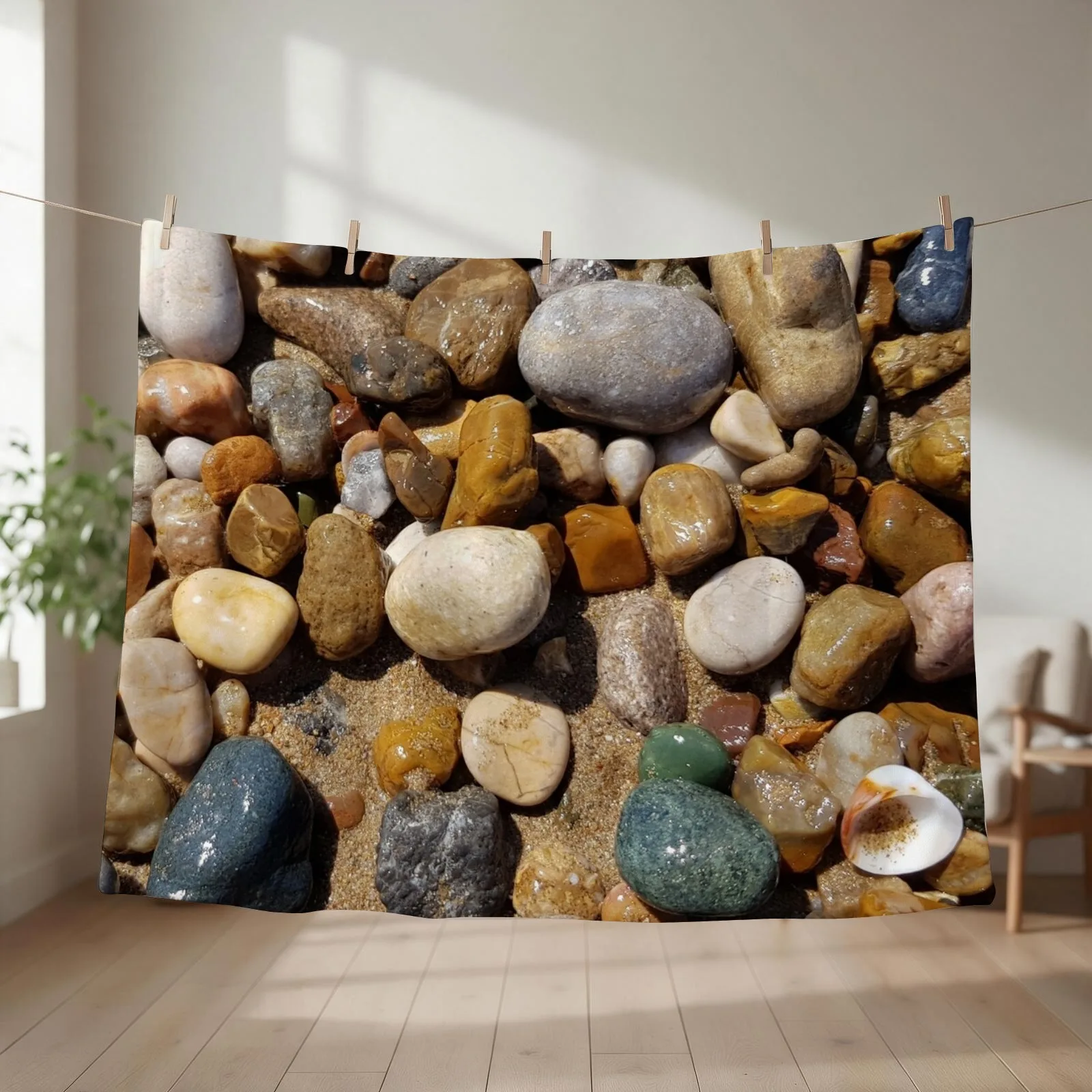 Wet sea stones and pebbles on beach sand Throw Blanket For Sofa Thin Plaid Tourist christmas gifts Blankets