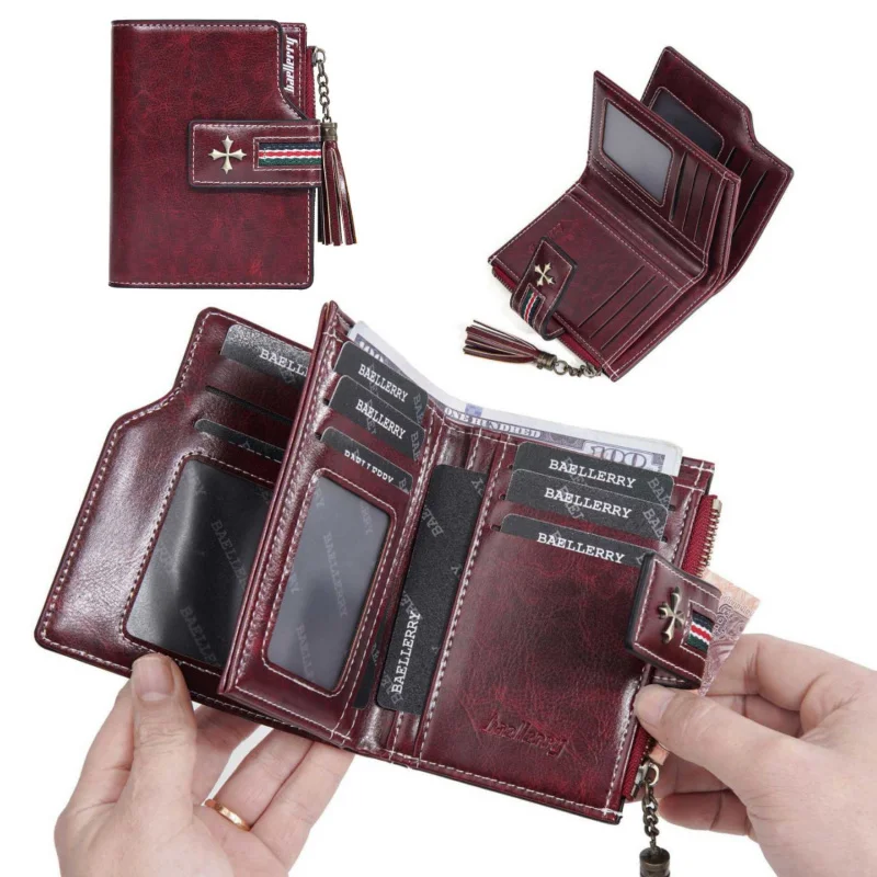 

New Pu WOMEN'S wallet with oil wax leather tassels, fashionable three-fold short wallet, multi-slot zipper coin purse