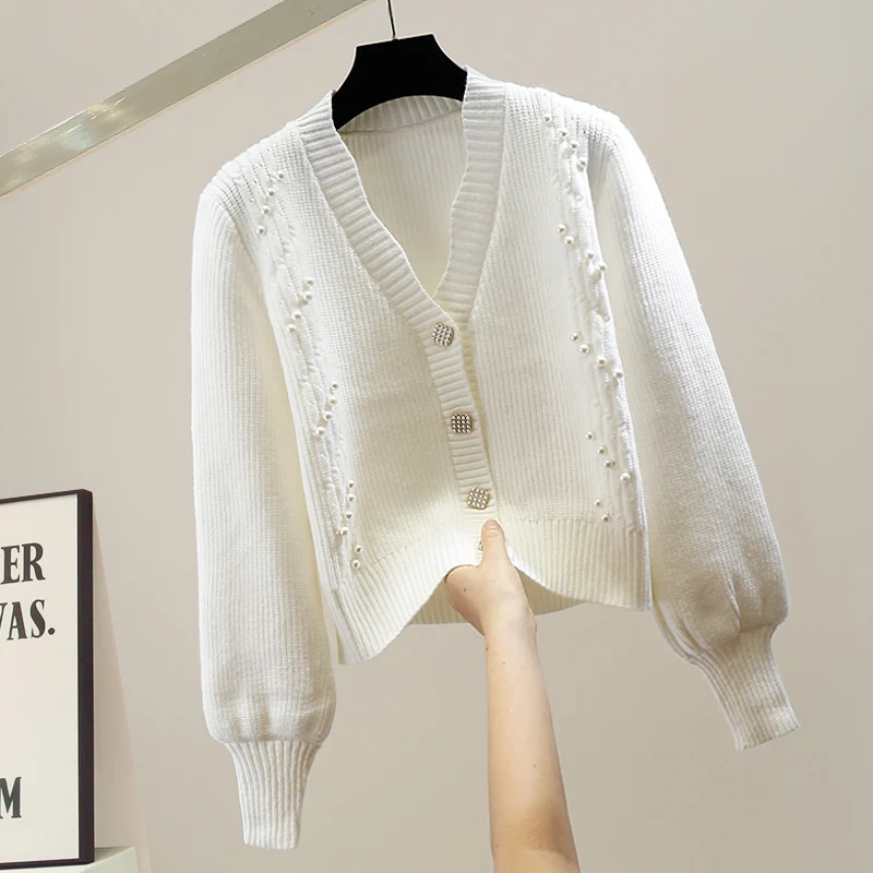 

Decorative Beaded Long Sve V-Ne Wave Pattern Knitted Sweater Heavy Embroidery Square Button Slimming Top Trendy Cardigan